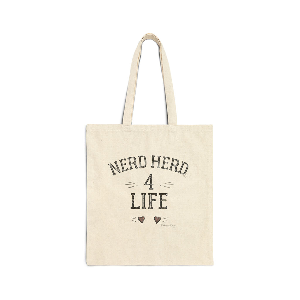 Natural canvas tote featuring the vintage Nerd Herd 4 Life typography design with hand drawn details and red hearts.