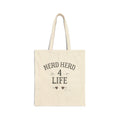 Natural canvas tote featuring the vintage Nerd Herd 4 Life typography design with hand drawn details and red hearts.