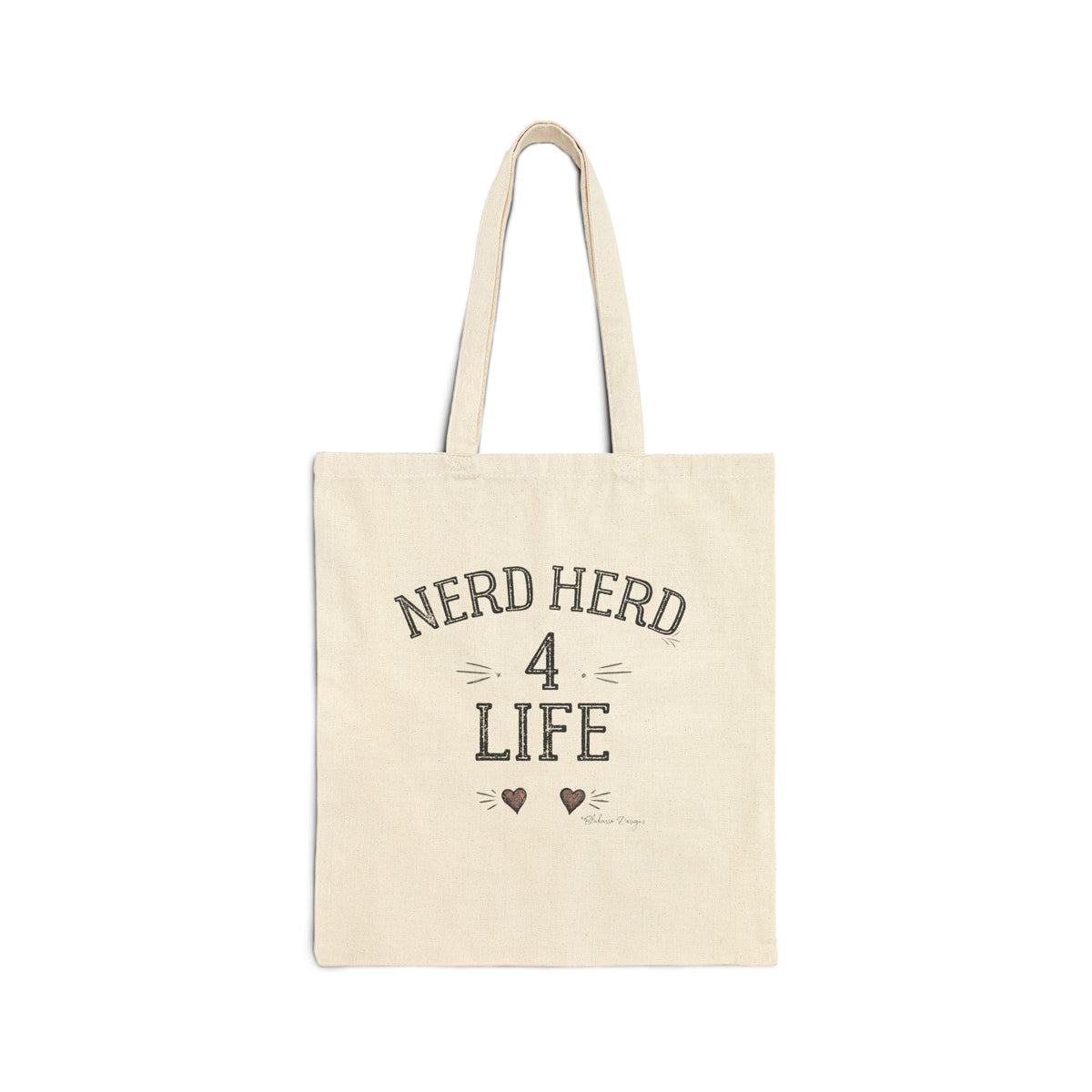 Natural canvas tote featuring the vintage Nerd Herd 4 Life typography design with hand drawn details and red hearts.