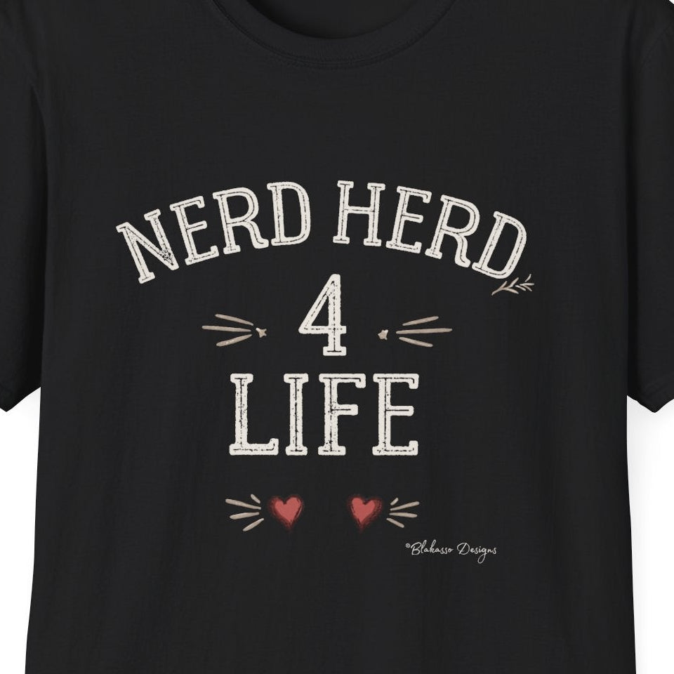 Close up of the Nerd Herd 4 Life typography design in vintage collegiate lettering with subtle whimsical accents on a black T shirt by Blakasso Designs.