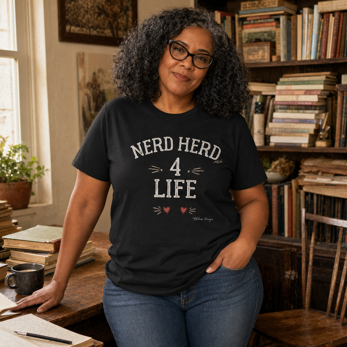 A woman with curly hair and glasses wearing a black graphic t-shirt that reads 'NERD HERD 4 LIFE' in white, standing in a cozy, book-filled room.