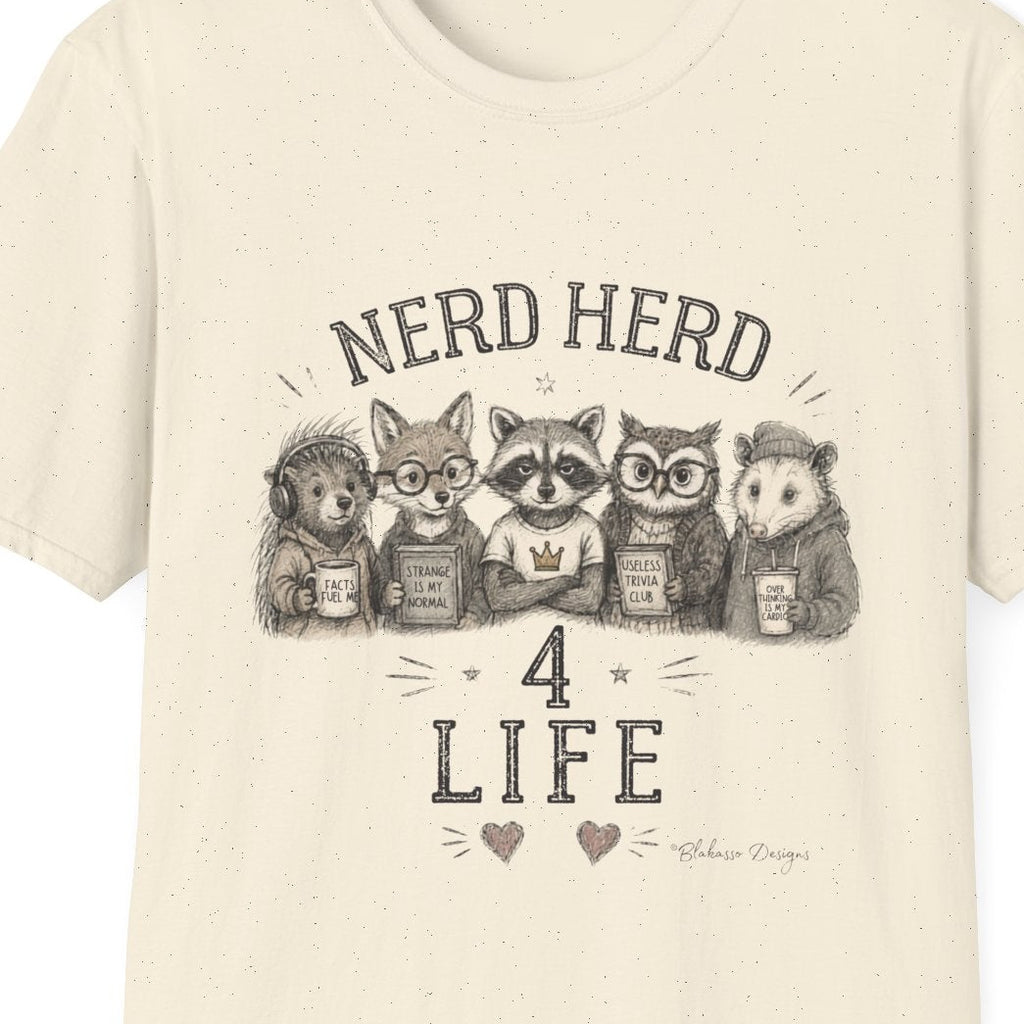 Natural Nerd Herd 4 Life tee closeup featuring five illustrated woodland nerds with books, trivia, facts, and overthinking details.