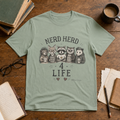 Sage Nerd Herd 4 Life graphic tee featuring an illustrated hedgehog, fox, raccoon, owl, and opossum celebrating readers, thinkers, and trivia lovers.