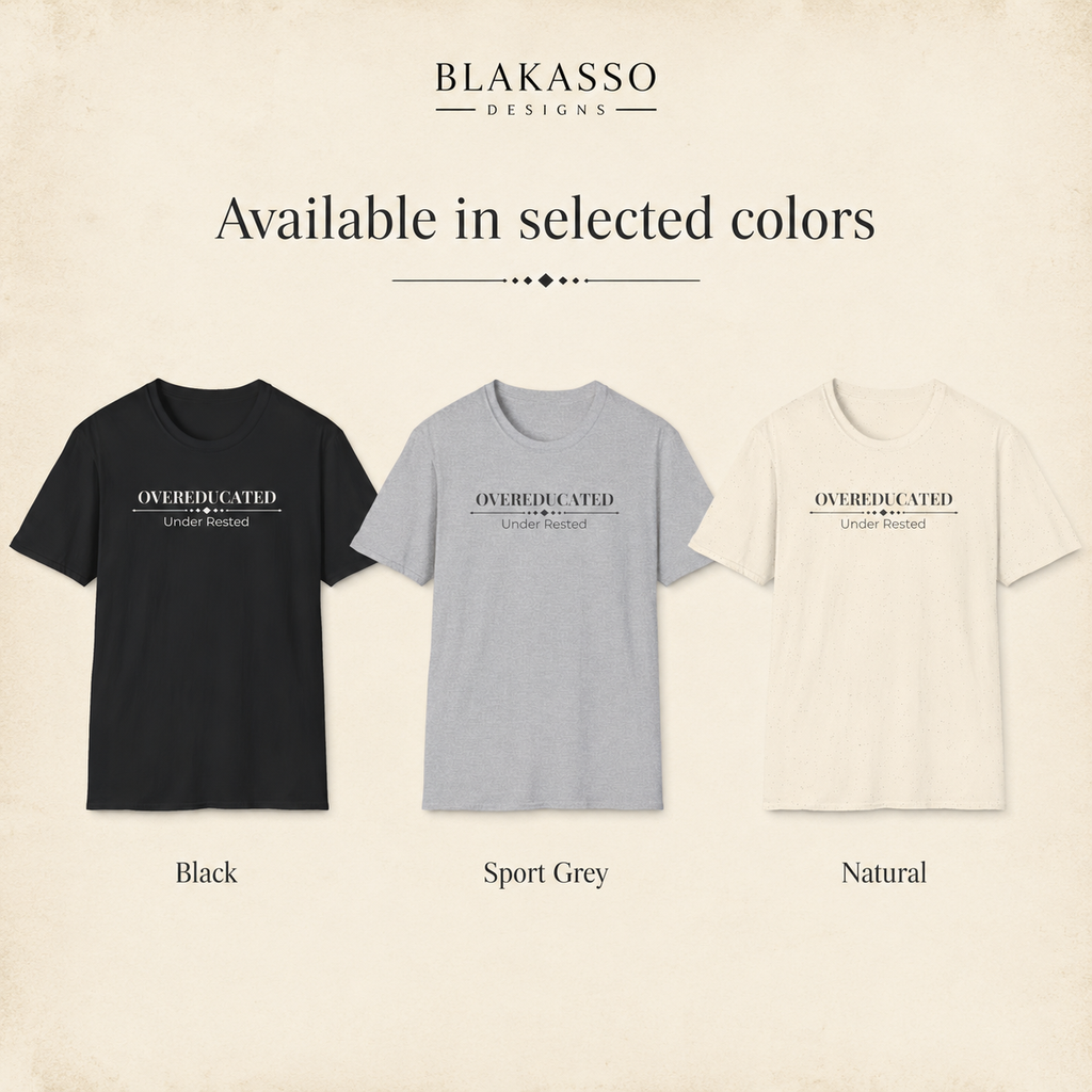 Alt text: Overeducated Under Rested tee shown in Black, Sport Grey, and Natural with each shirt color labeled.