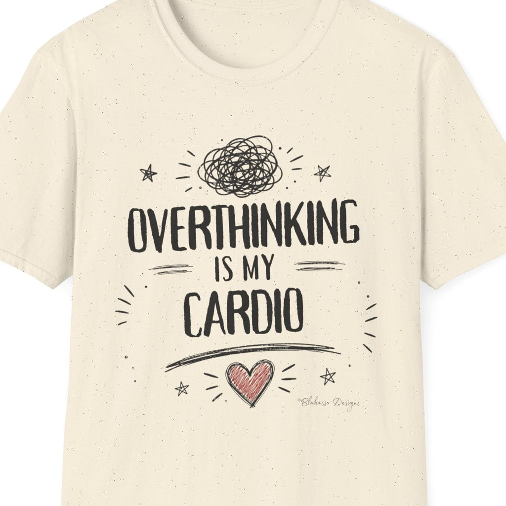 Close up of the Overthinking Is My Cardio design with rough lettering, tangled thought doodle, scattered stars, sketch marks, and red heart.