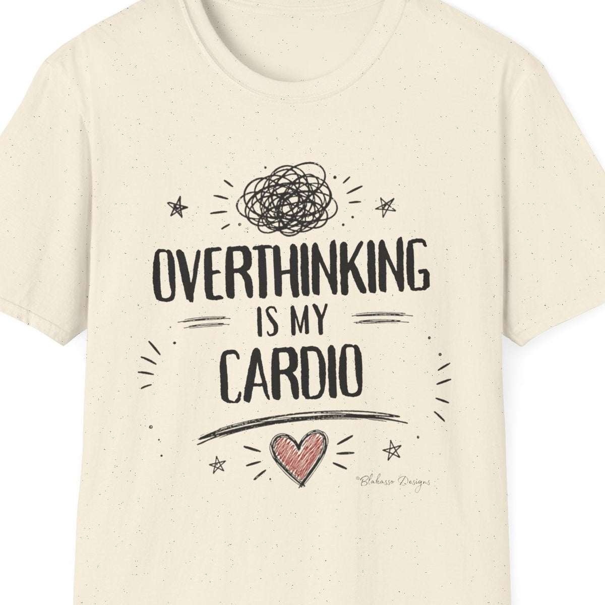 Close up of the Overthinking Is My Cardio design with rough lettering, tangled thought doodle, scattered stars, sketch marks, and red heart.