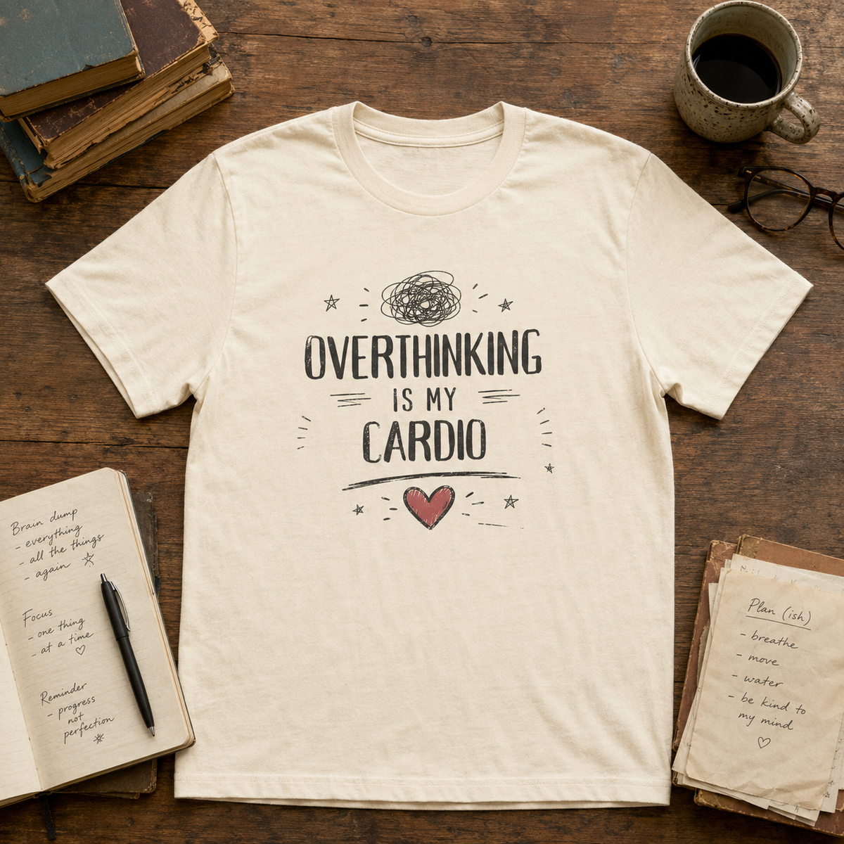 Natural Overthinking Is My Cardio graphic tee with rough hand drawn lettering, tangled thought cloud, sketch marks, stars, and red heart.