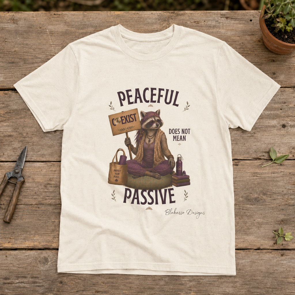 Women's or unisex Gildan Softstyle graphic tee featuring Diana the raccoon holding a Coexist sign beneath the phrase "Peaceful Does Not Mean Passive."