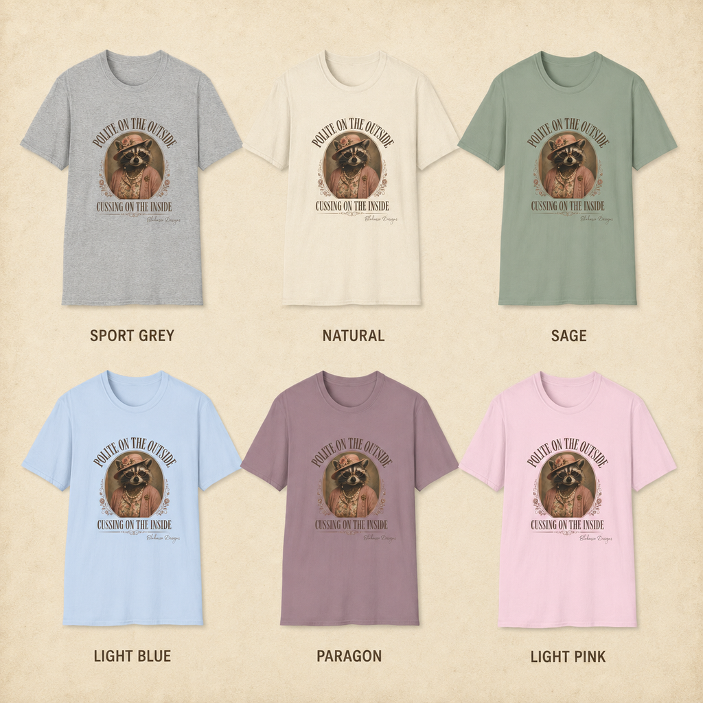 Available shirt colors for the “Polite on the Outside, Cussing on the Inside” graphic tee by Blakasso Designs.