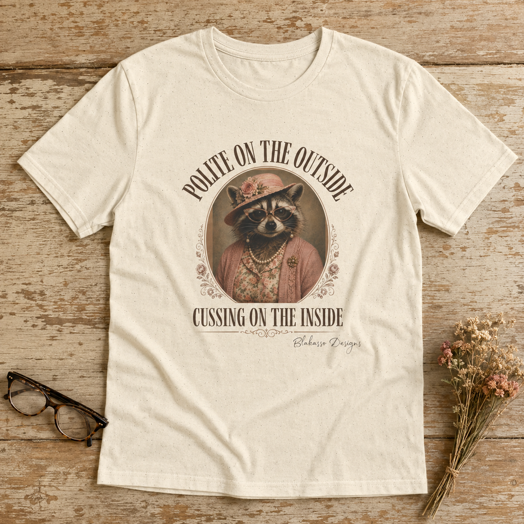 Natural unisex tee featuring Miss Cordelia the raccoon in pearls and a pink church hat with the words “Polite on the Outside, Cussing on the Inside.”