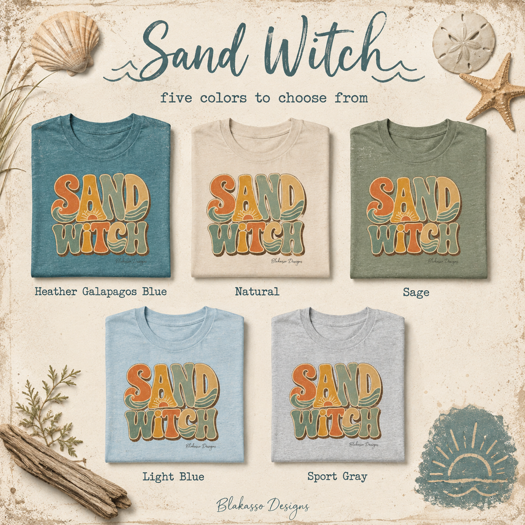 Color card showing Sand Witch available in Heather Galapagos Blue, Natural, Sage, Light Blue, and Sport Grey.