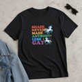 Black unisex graphic tee with rainbow lettering, colorful unicorns, and the words “Shade Never Made Anybody Less Gay.”