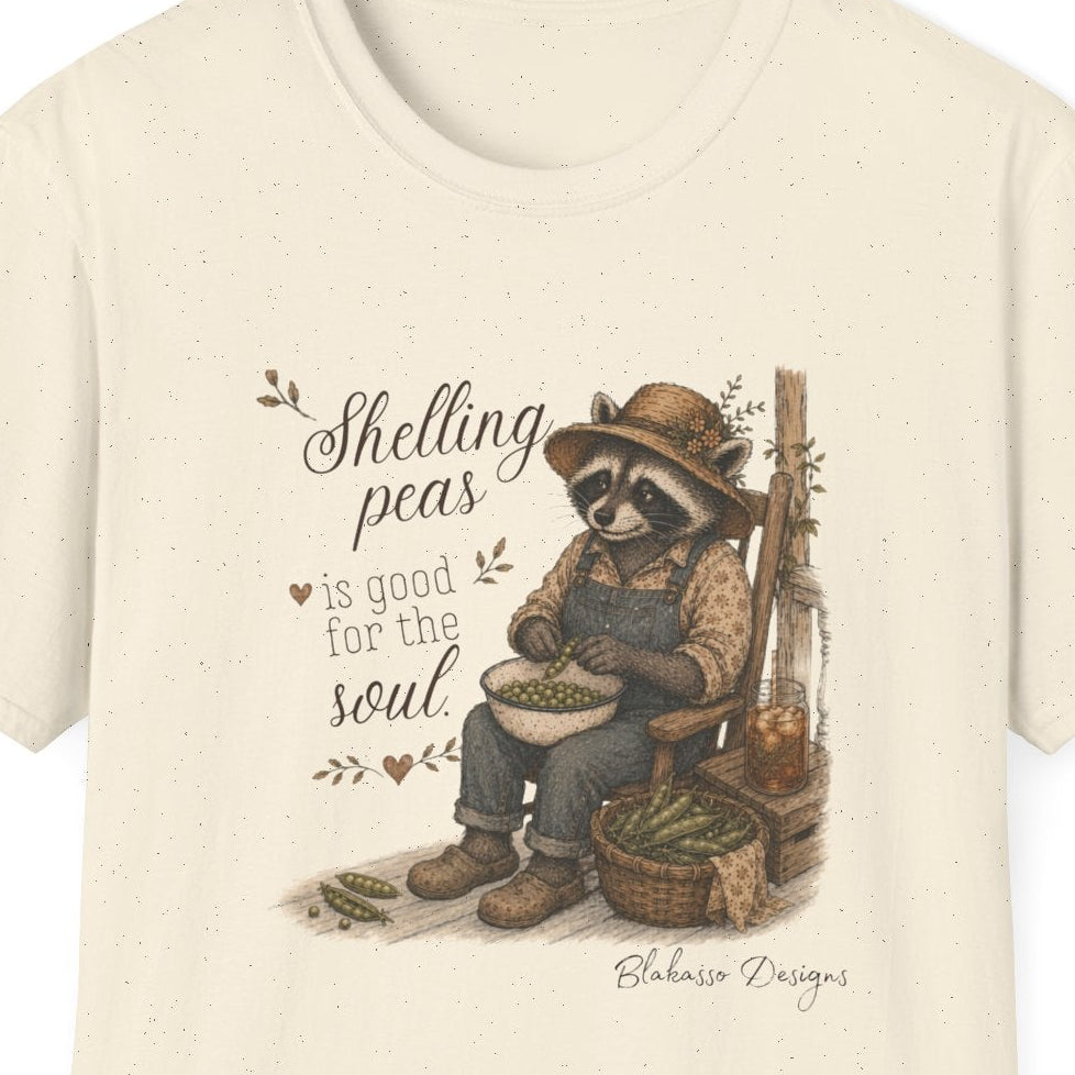 Close up of Miss Sammye shelling peas beside a wicker basket and iced tea in the “Shelling Peas Is Good for the Soul” design.