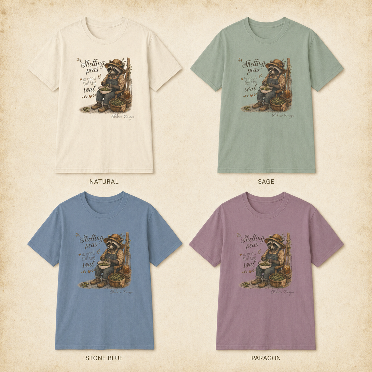 Shelling Peas raccoon graphic shirt in four available colors