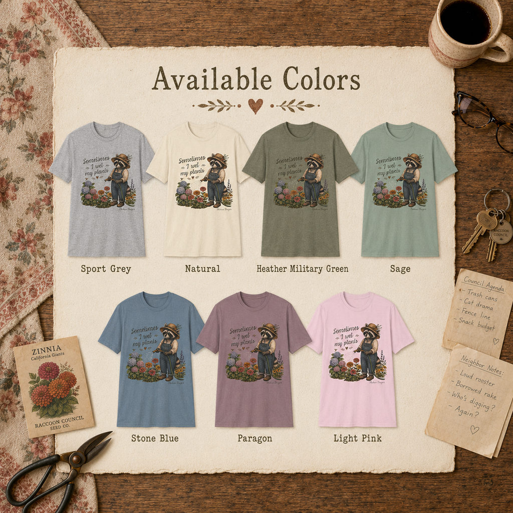 Available shirt colors for the Sometimes I Wet My Plants unisex garden tee by Blakasso Designs.