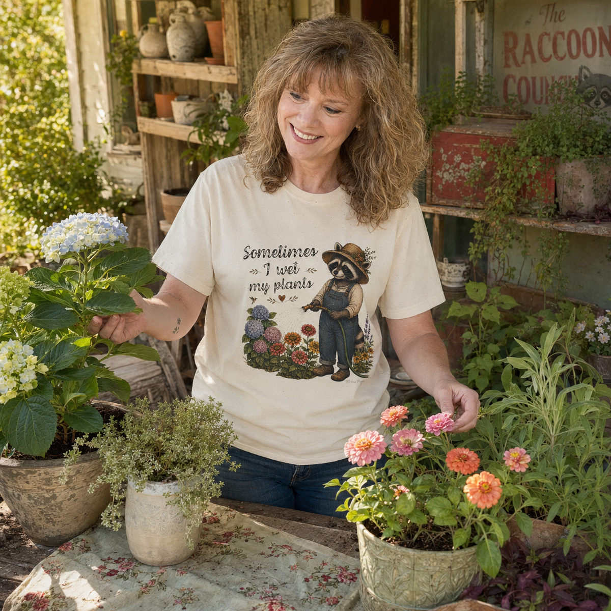 A woman wearing a cream graphic t-shirt stands in a garden setting, holding potted plants. The t-shirt features a cartoon raccoon in a hat with the text 'Sometimes I wet my plants'.