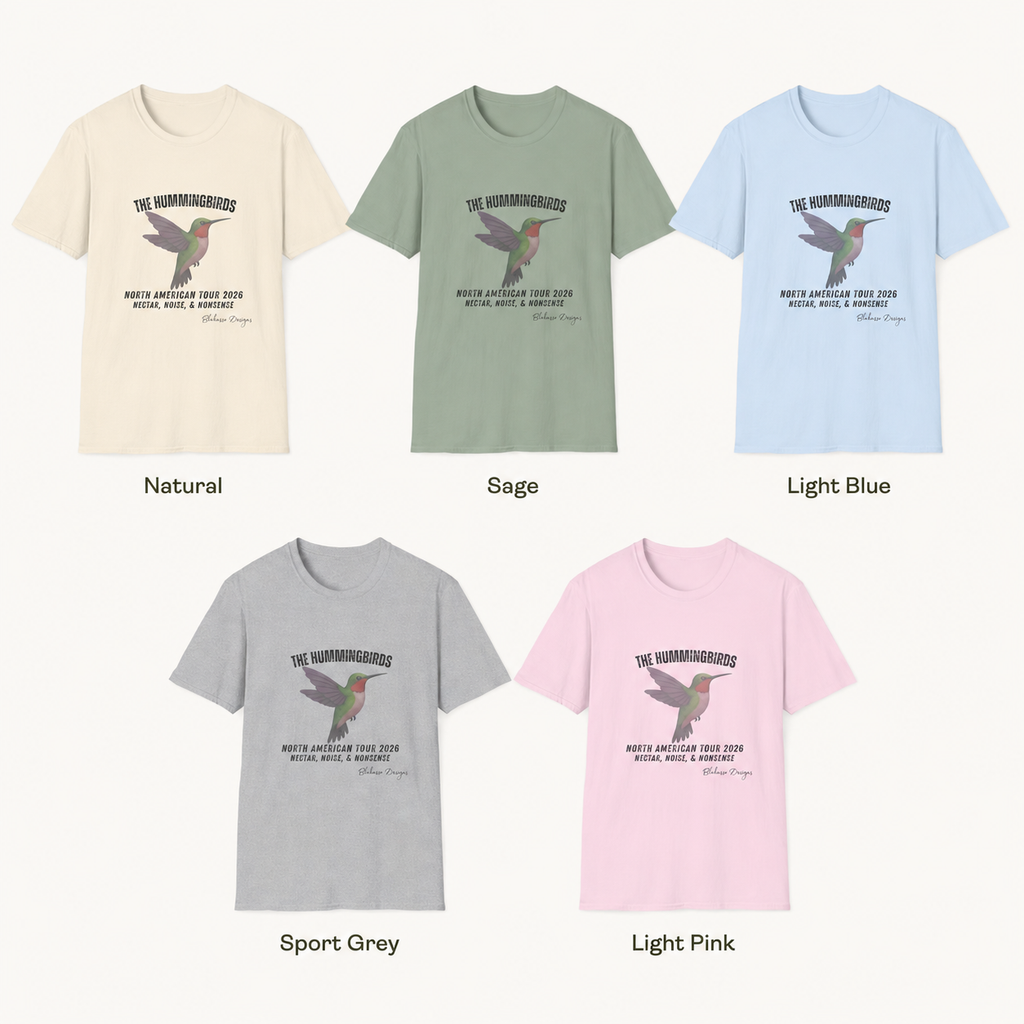 The Hummingbirds North American Tour 2026 graphic T-shirt shown in Natural, Sage, Light Blue, Sport Grey, and Light Pink.
