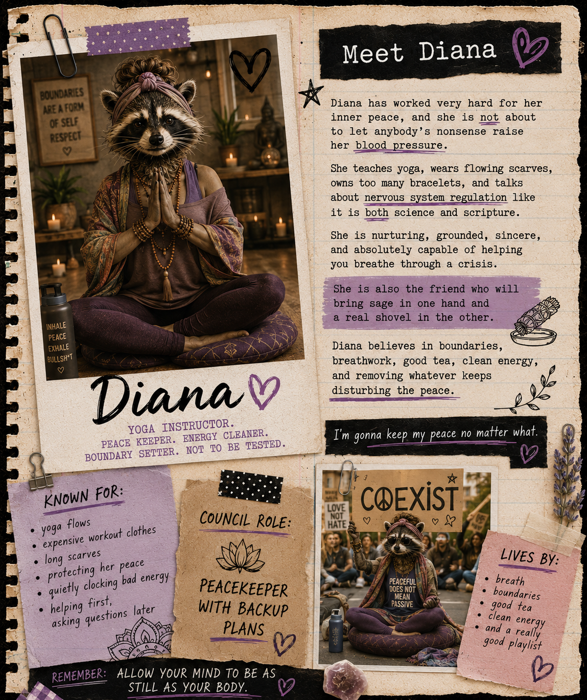 Meet Diana Raccoon Council character page featuring Diana, a yoga instructor, peacekeeper, boundary setter, and protector of her inner peace.