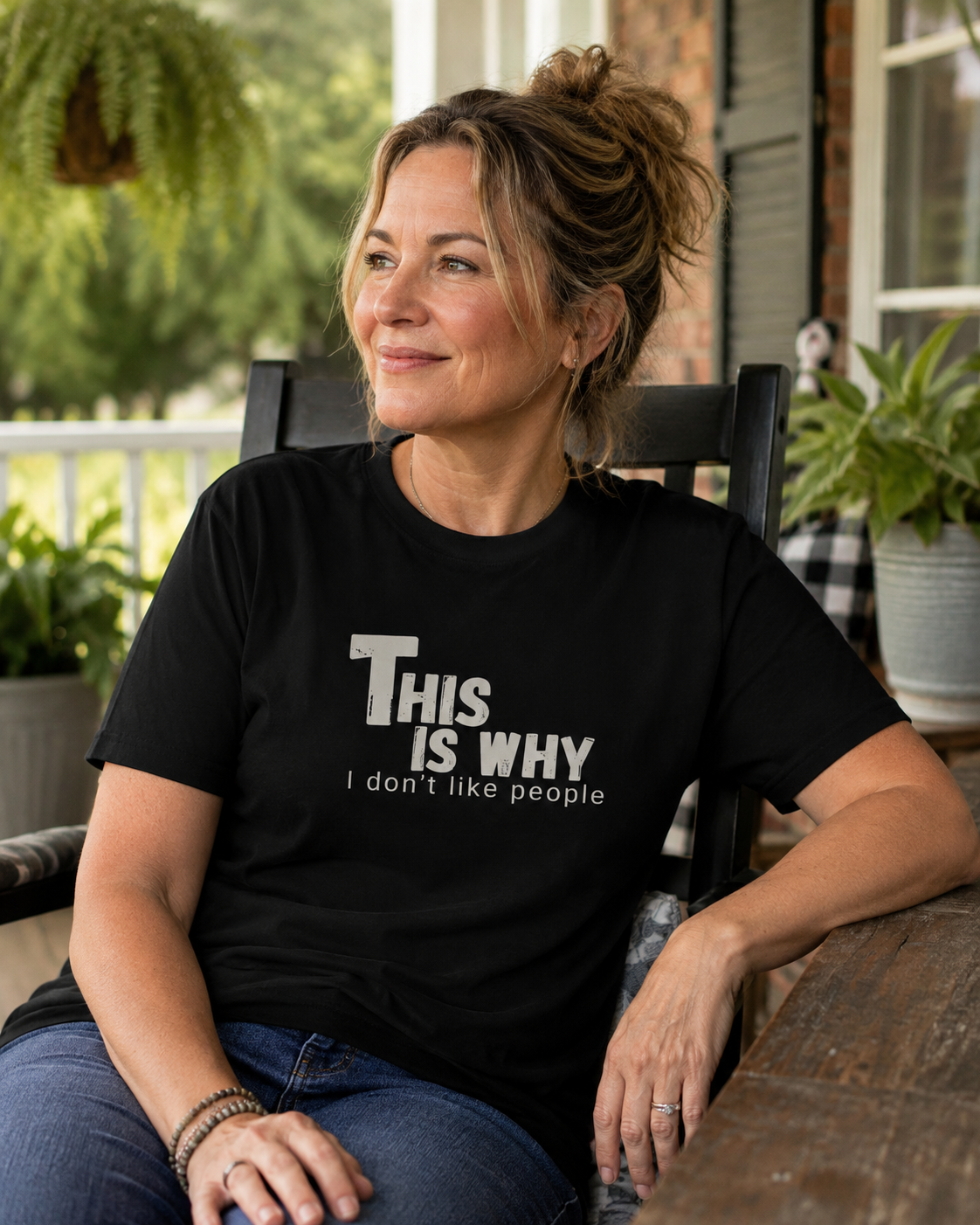 Woman wearing the "This Is Why I Don't Like People" graphic tee with bold distressed lettering and a sarcastic introvert message.