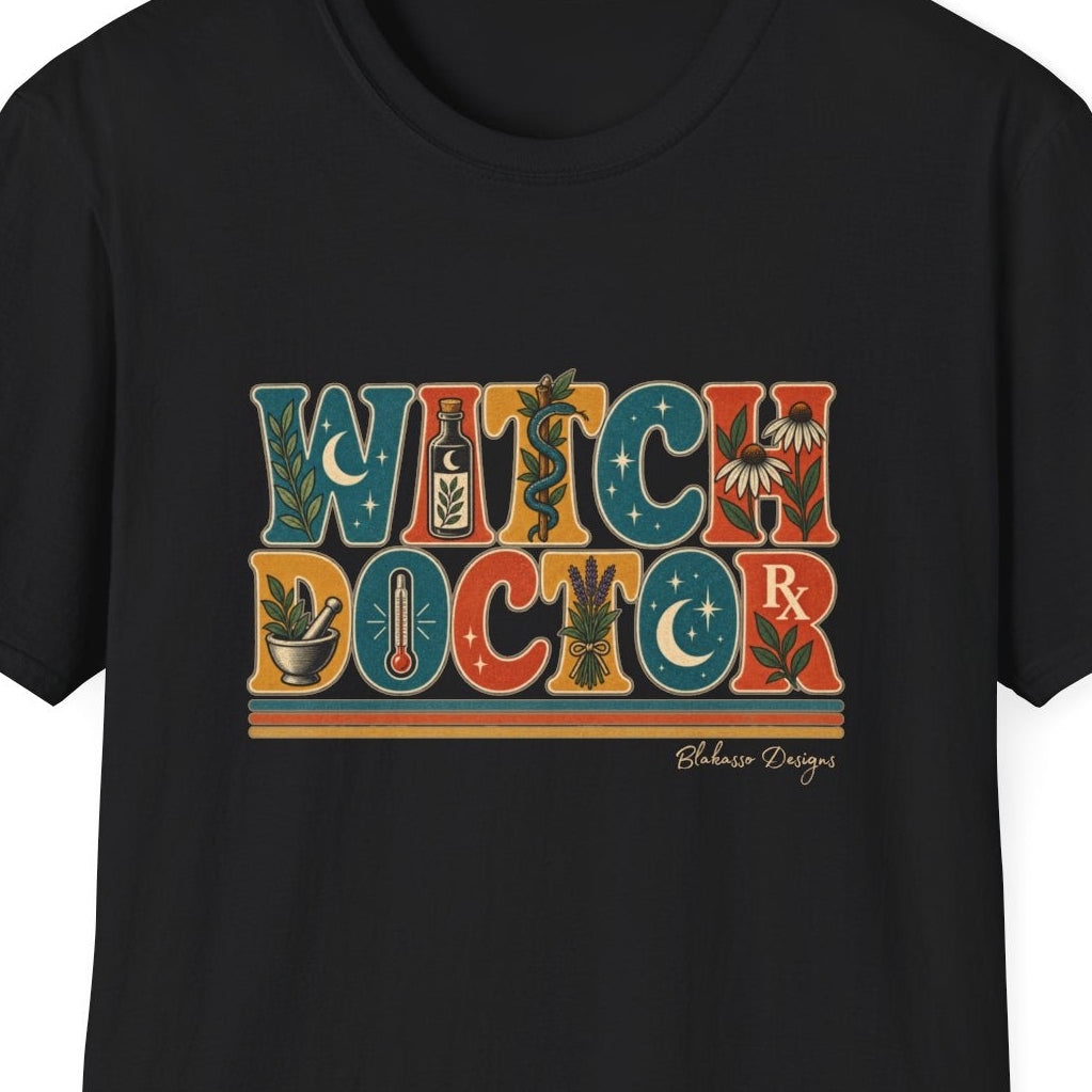 Close view of the Witch Doctor design on a natural T-shirt with retro botanical, celestial, apothecary and medical imagery.
