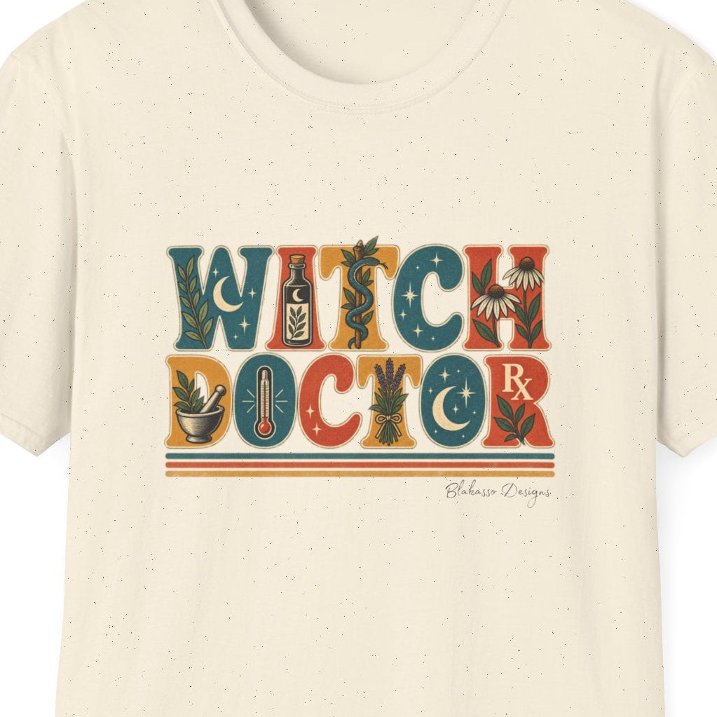 Close view of the Witch Doctor design on a natural T-shirt with retro botanical, celestial, apothecary and medical imagery.