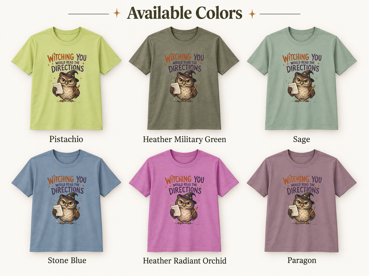 An 'Available Colors' color options chart showing six short-sleeve graphic t-shirts with the text 'WITCHING YOU WANDERERS DIRECTIONS' and an owl illustration. The shirts are shown in Pistachio (yellow-green), Heather Military Green (olive green), Sage (light green), Stone Blue (light blue), Heather Radiant Orchid (pink), and Paragon (mauve), each labeled with its name underneath.
